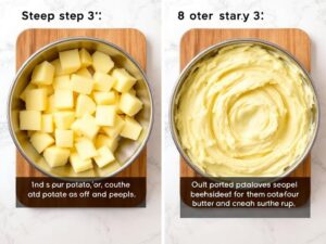 Step 3: For mashed potatoes, peel, boil, and then mash with butter and cream until smooth.