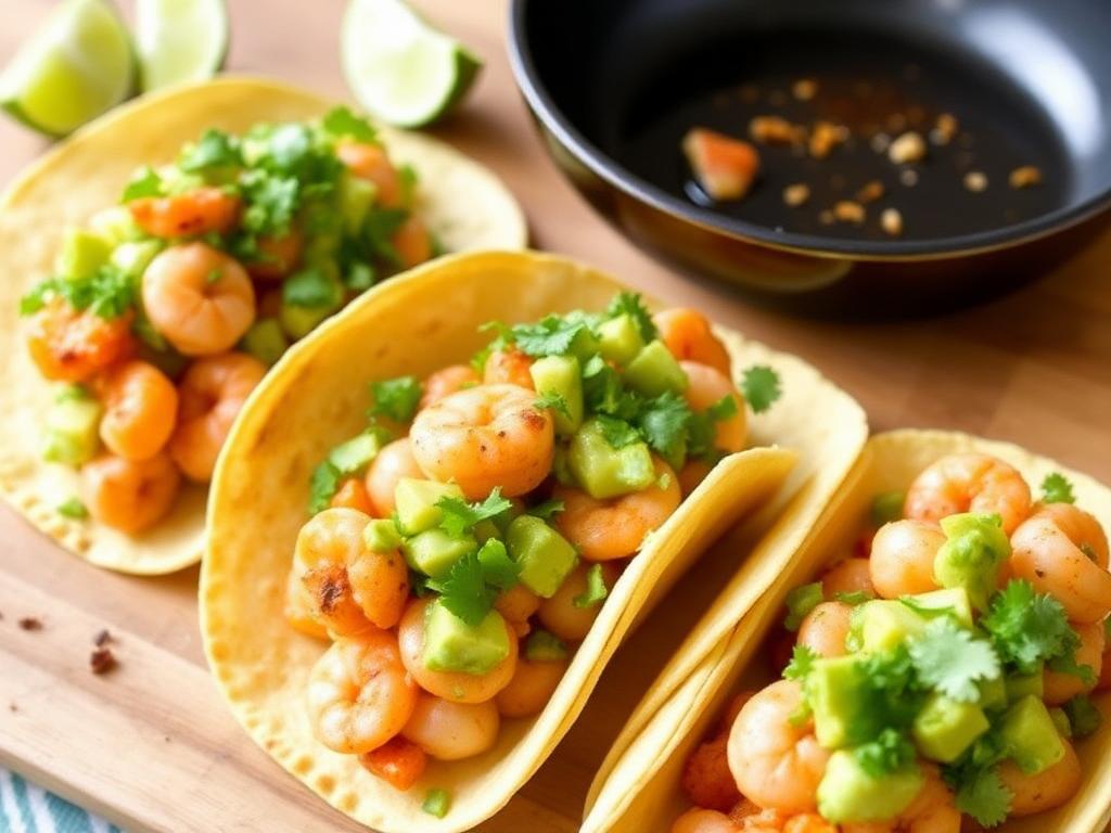 Assemble the Tacos: Warm the corn tortillas in a dry skillet or microwave. Fill each tortilla with a generous portion of the cooked shrimp and top with avocado salsa. Garnish with fresh cilantro and a squeeze of lime juice.