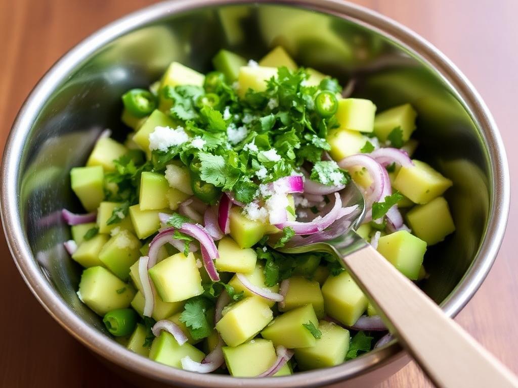 the chef master Make the avocado salsa: In a medium bowl, combine the diced avocados, red onion, jalapeño, cilantro, lime juice and salt. Gently mix until well combined.