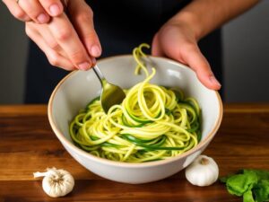 recipe for zucchini noodles: **Ingredients:**

2 medium zucchinis
Olive oil
Salt and pepper
Garlic 