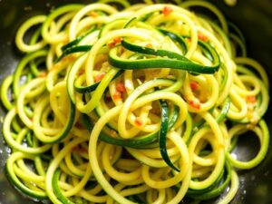 Spiralize the zucchinis using a spiralizer or a vegetable peeler.
Heat olive oil in a pan over medium heat, add garlic if desired.
Sauté the zoodles for 2-3 minutes, just until tender. Season with salt and pepper.
Serve with your favorite low-carb sauce!