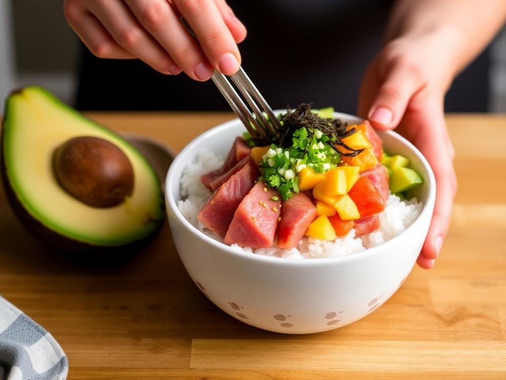 Vibrant poke bowls with fresh tuna, avocado, and colorful vegetables."