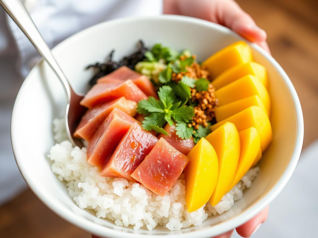 "Vibrant poke bowls with fresh tuna, avocado, and mango, vegetables."