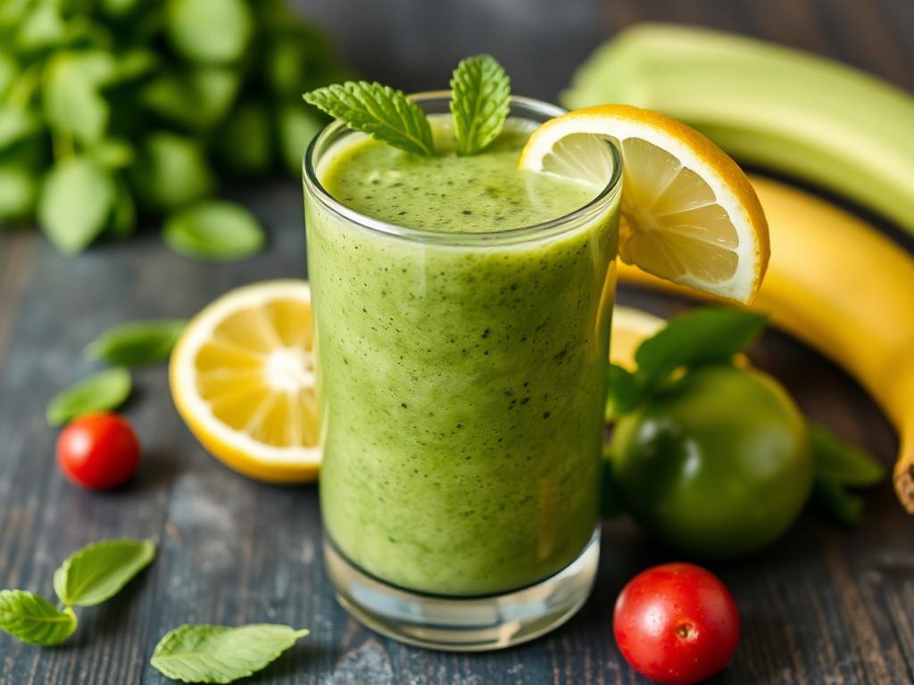 Add descriptive alt text for each image. For example, "A refreshing green detox smoothie in a glass, surrounded by fresh ingredients like spinach, kale, and lemon.