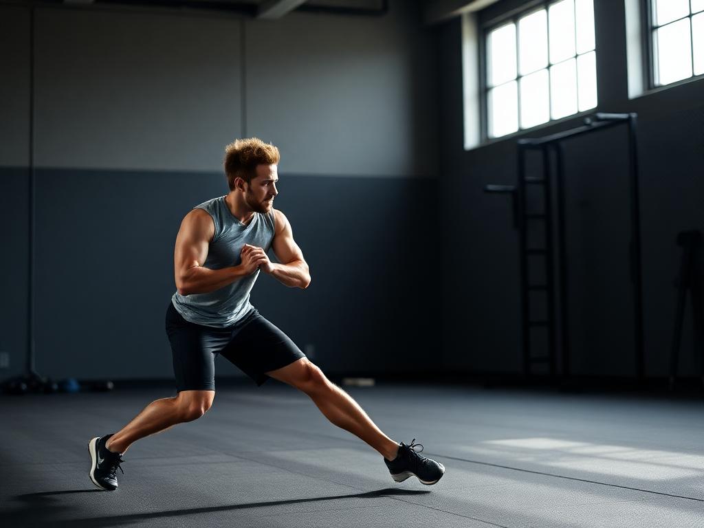 Person performing a full-body workout routine with dumbbells in a gym