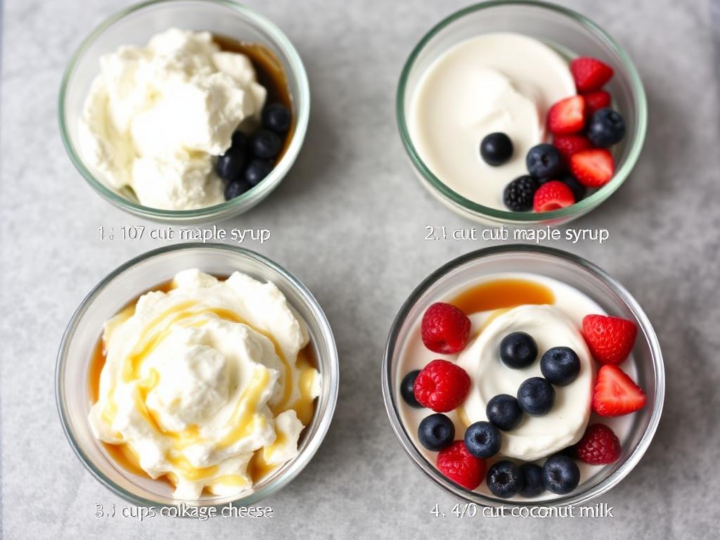 2 cups cottage cheese

1/2 cup mixed berries (fresh or frozen)

1/2 cup maple syrup

1/4 cup coconut milk