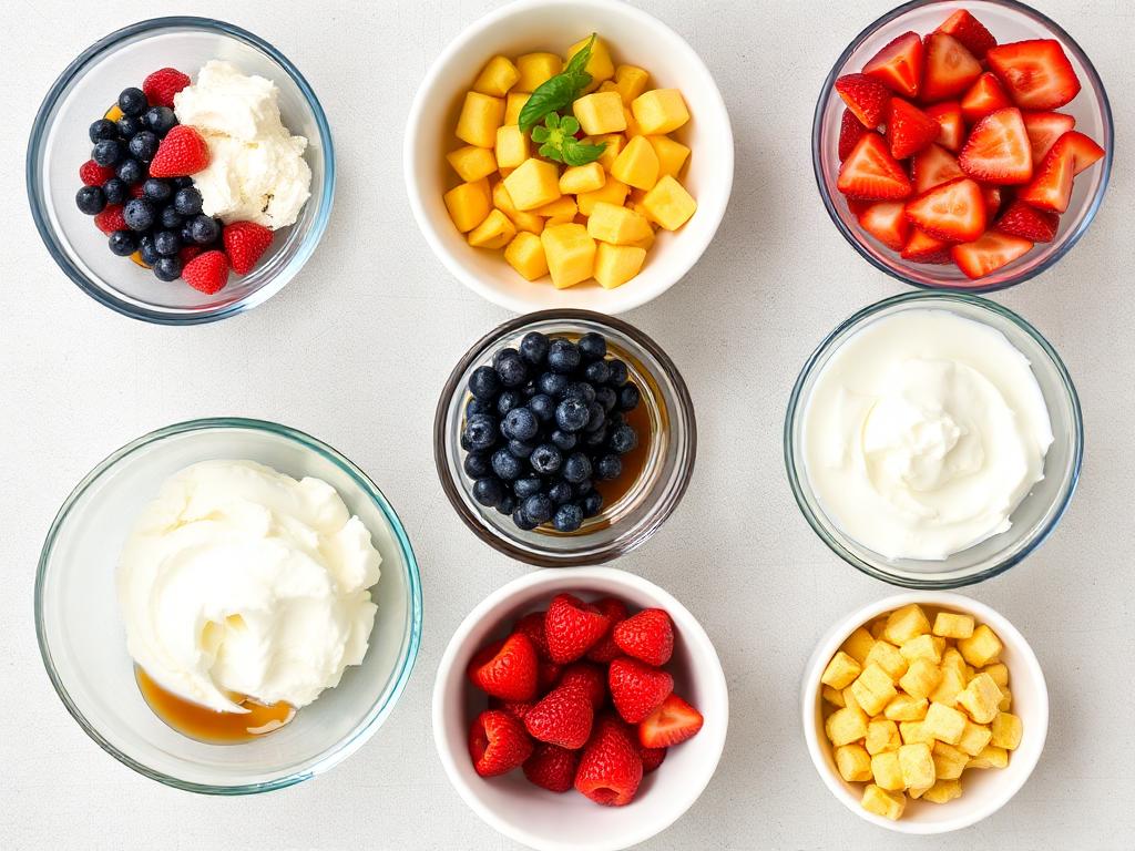 chef praper in different bowls 
Ingredients:
2 cups cottage cheese
1/2 cup milk 
1/3 cup syrup 
1 teaspoon vanilla extract
 fruit 