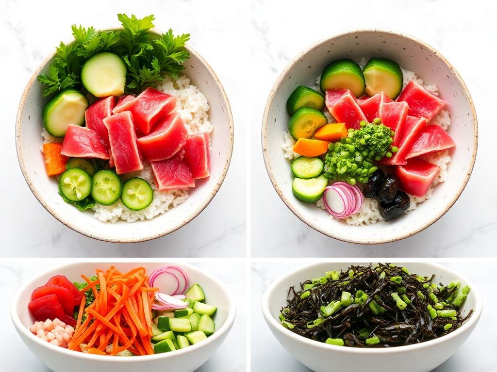 Vibrant poke bowl with fresh tuna, avocado, and colorful vegetables.