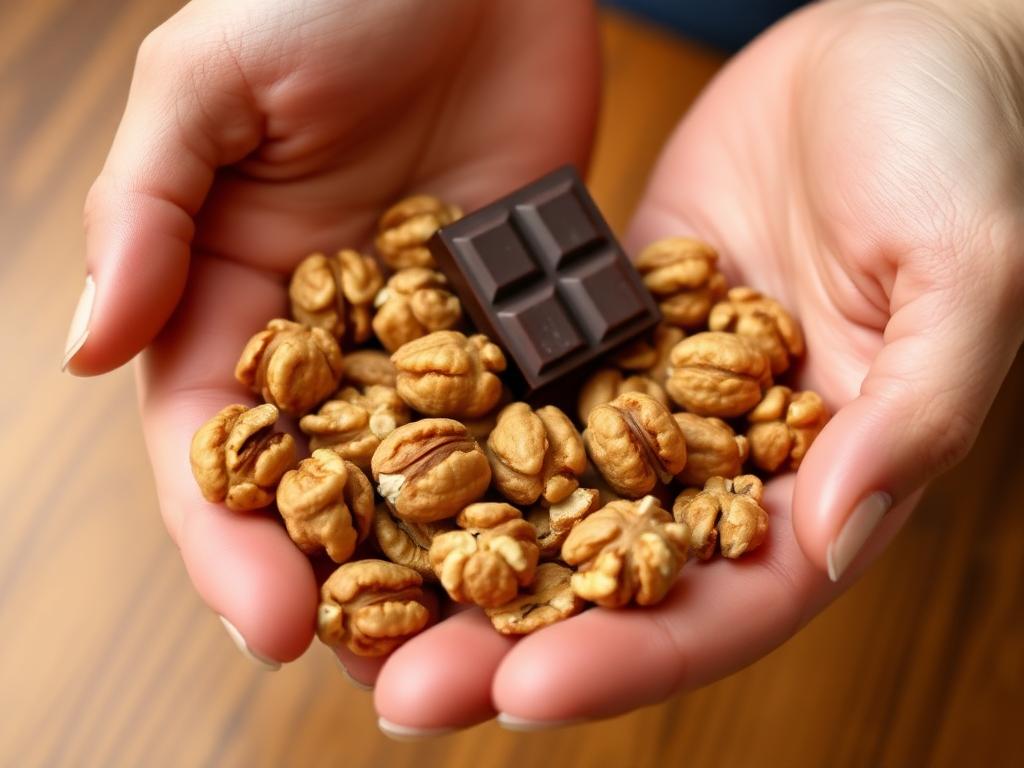 A variety of healthy foods chocolate nuts, and leafy greens, beneficial for mental health