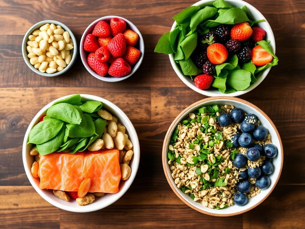 A variety of healthy foods including salmon, nuts, and leafy greens, beneficial for mental health