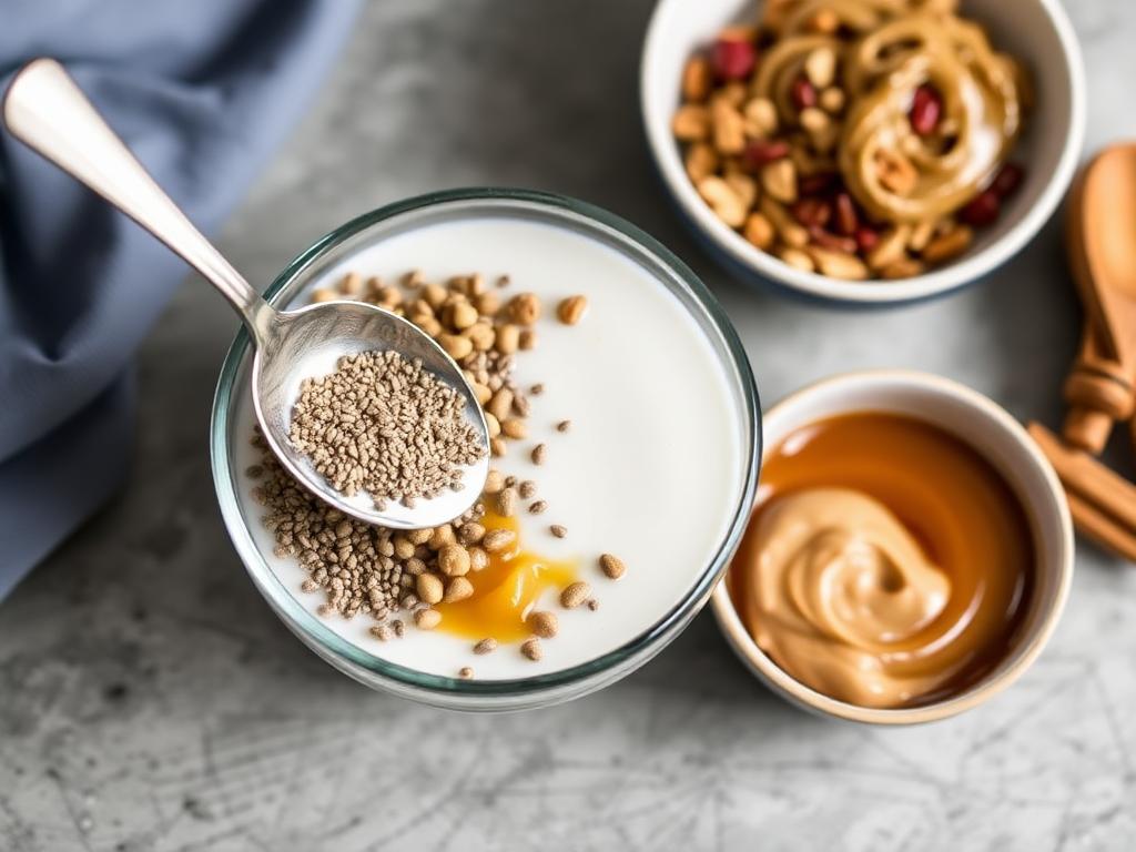 Jar of creamy peanut butter overnight oats topped with banana slices and chia seeds.