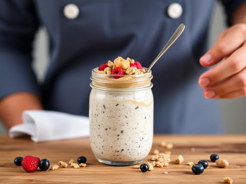 Jar of creamy peanut butter overnight oats topped with banana slices and chia seeds.