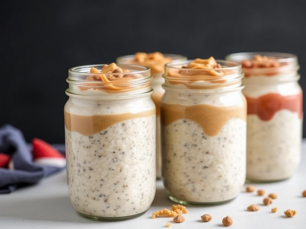 ar of creamy peanut butter overnight oats topped with banana slices and chia seeds."