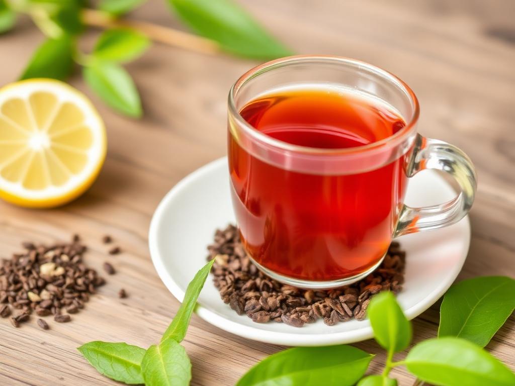 The Best Detox Tea,,A steaming cup of green tea with lemon and mint leaves, placed on a wooden table surrounded by fresh ingredients like ginger, lemon, and tea leaves.