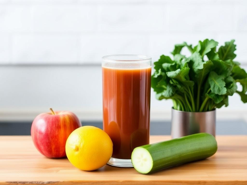 A glass of detox juice made with apple, lemon, cucumber, celery stalk, and spinach, served with a striped straw.