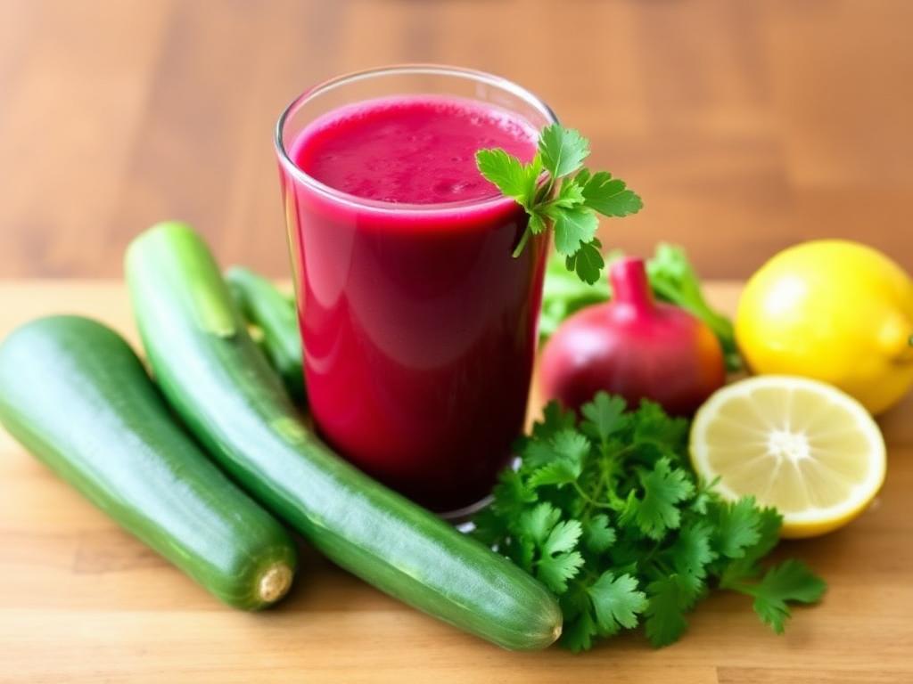 A glass of vegetable juice made with beets or kale, served with a striped straw.