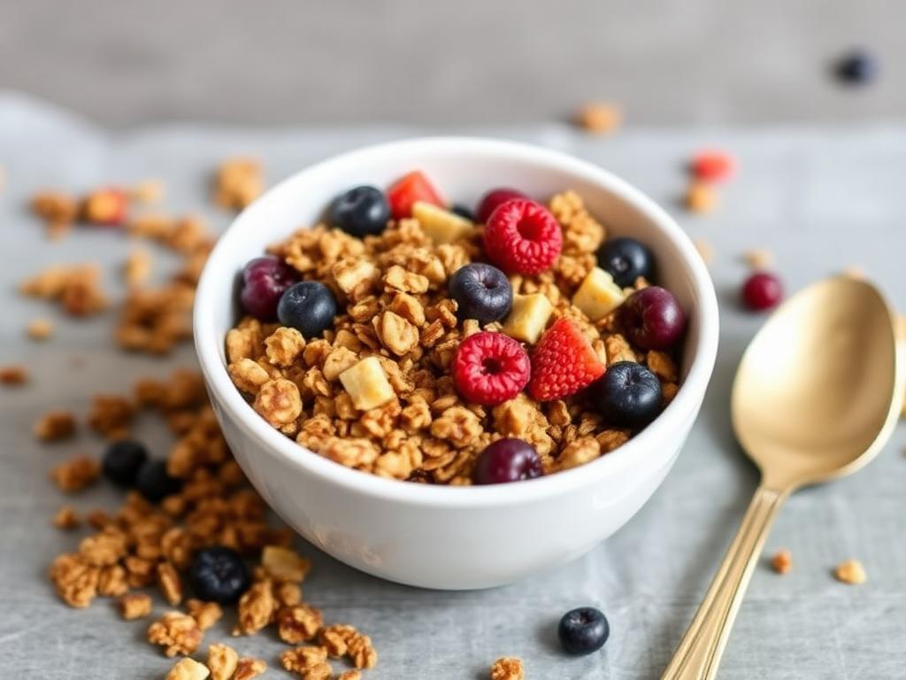 A bowl of homemade high-protein granola recipe with nuts, seeds, and dried fruit, served with fresh berries and yogurt, perfect for a healthy snack or breakfast.