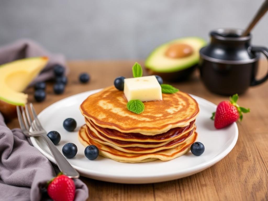 A stack of fluffy golden pancake Mix topped with fresh blueberries, sliced bananas, and a drizzle of maple syrup