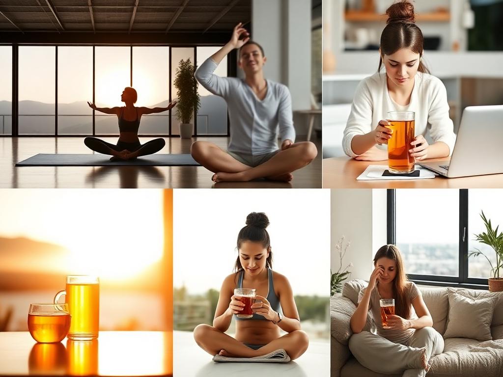 A woman practicing yoga outdoors with a cup of detox tea on a mat, surrounded by nature.