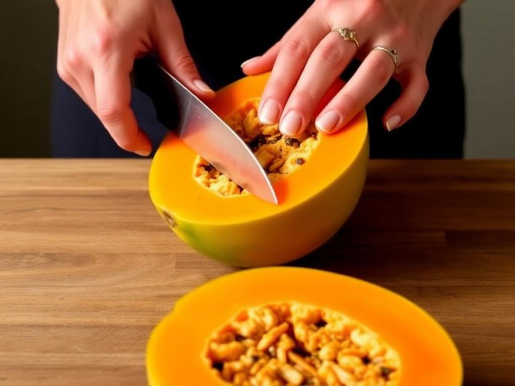 Infographic showing step-by-step instructions on how to cut a papaya in 30 seconds